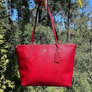 COACH Tote Bag Women’s Red Zip Top Shoulder Bag with Gold Hardware AUTHENTIC